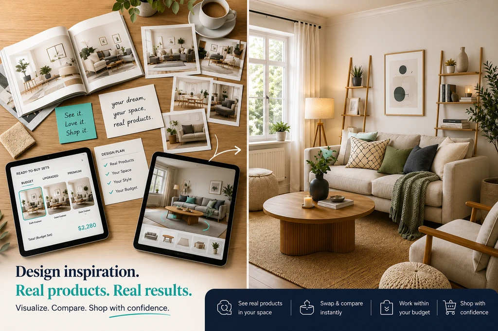 Modern living room showing ai-powered room visualization tools for homes, with shoppable interior design ideas and budget friendly ai home design solutions.