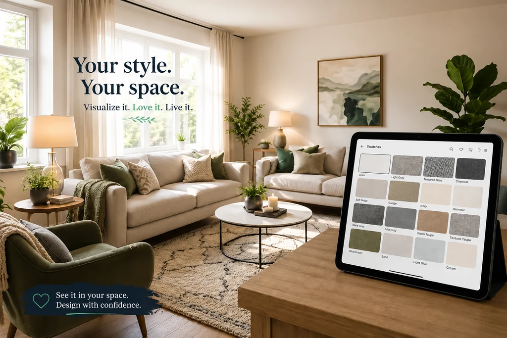Ultra-realistic living room visualized with an AI-powered room visualization tool for homes, showing how to visualize furniture in your space with AI and compare home decor products with AI visualization.