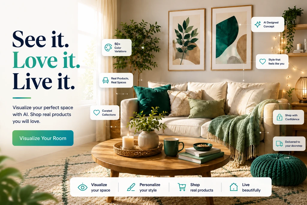 Modern living room with ai-powered room visualization tool showcasing furniture, shoppable interior design ideas using ai, and budget friendly ai home design solutions.