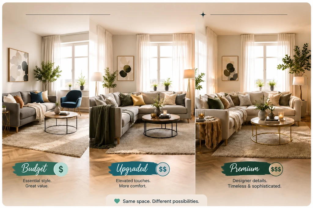 Photorealistic living room showcasing three ai-powered visualization sets—budget, upgraded, and premium—helping compare furniture and decor with shoppable options for your space.