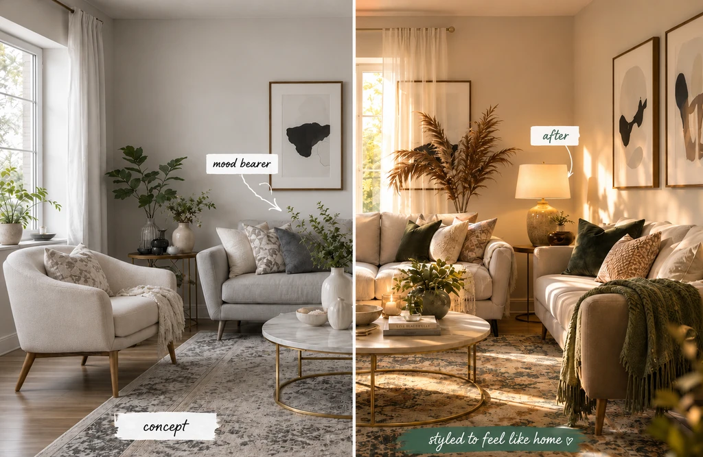 Modern living room rendered with an ai-powered room visualization tool for homes, showing how to visualize furniture in your space with ai and shoppable interior design ideas using ai for comparing real products, including budget friendly ai home design solutions.