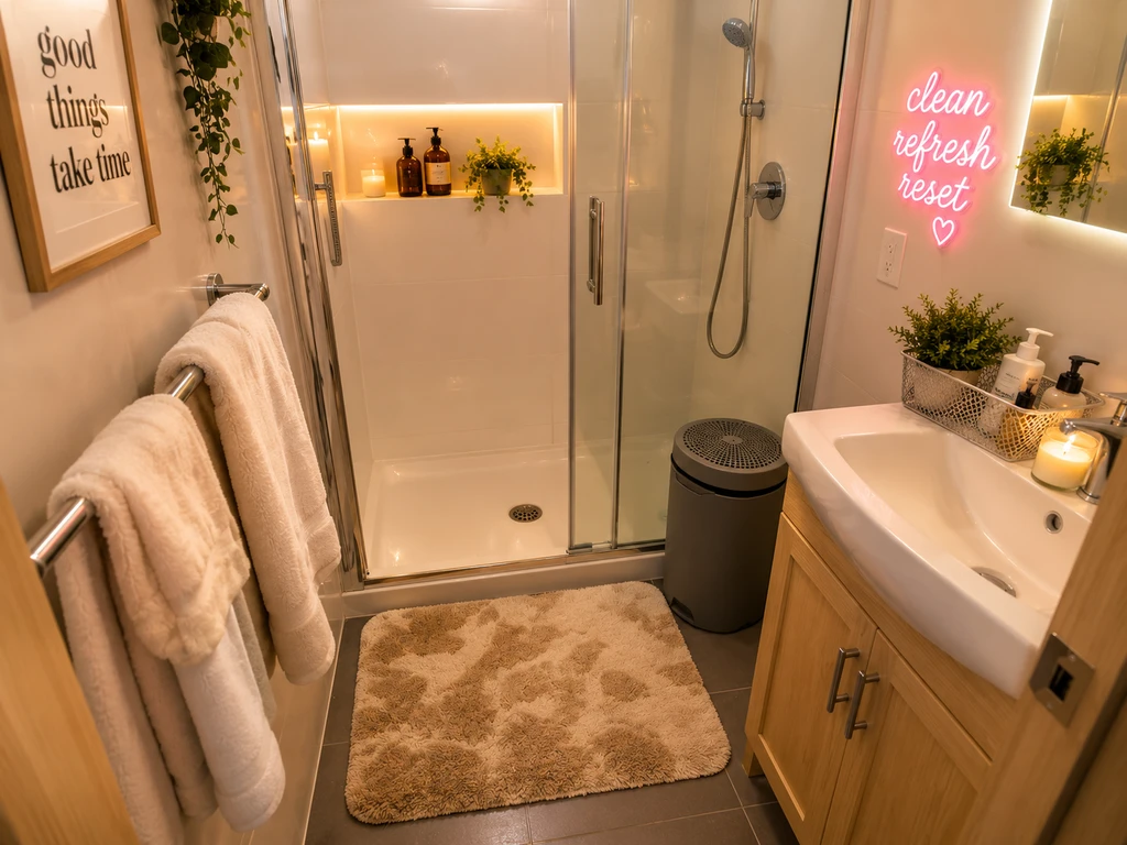 Ultra-realistic ensuite dorm bathroom starter kit staged with a plush towel set, bath mat, modern shower caddy, and lidded trash can, showcasing how ai organizes small spaces and ai dorm room design starter kit for student apartments.