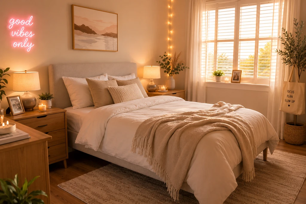 Private ensuite dorm bedroom designed with an ai dorm room design starter kit, featuring virtual staging tools for ensuite dorms, minimalist decor, and functional dorm essentials.