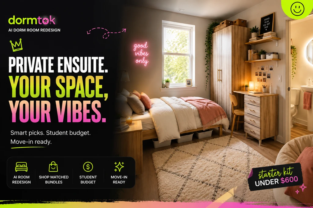 Ultra-realistic ai dorm room design starter kit layout for a modern ensuite dorm, showing how ai organizes small spaces with minimalist dorm decor ideas.