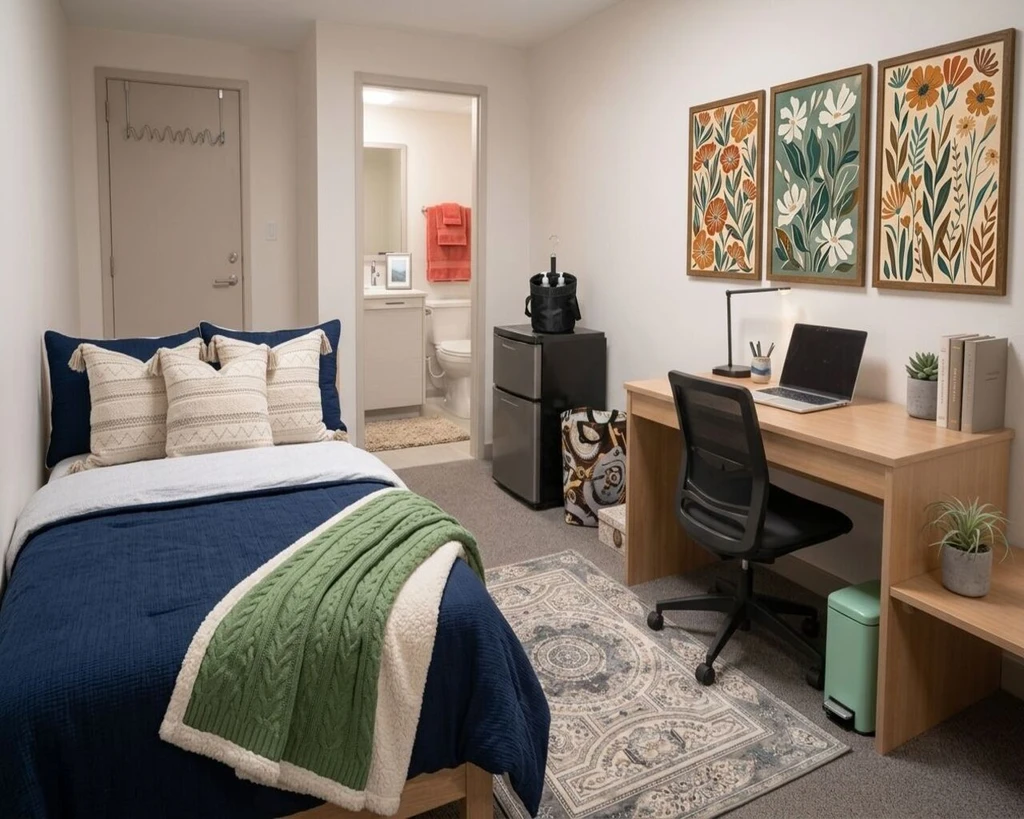 Editorial ai dorm room design starter kit: ensuite dorm setup with bedsheet, silk pillow cover, throw blanket, rug, wall art, towel set, bath mat, shower caddy, laundry basket, door hooks, trash can staged with virtual staging tools for student apartments, showcasing how ai organizes small spaces with minimalist decor ideas and realistic ai visualization.