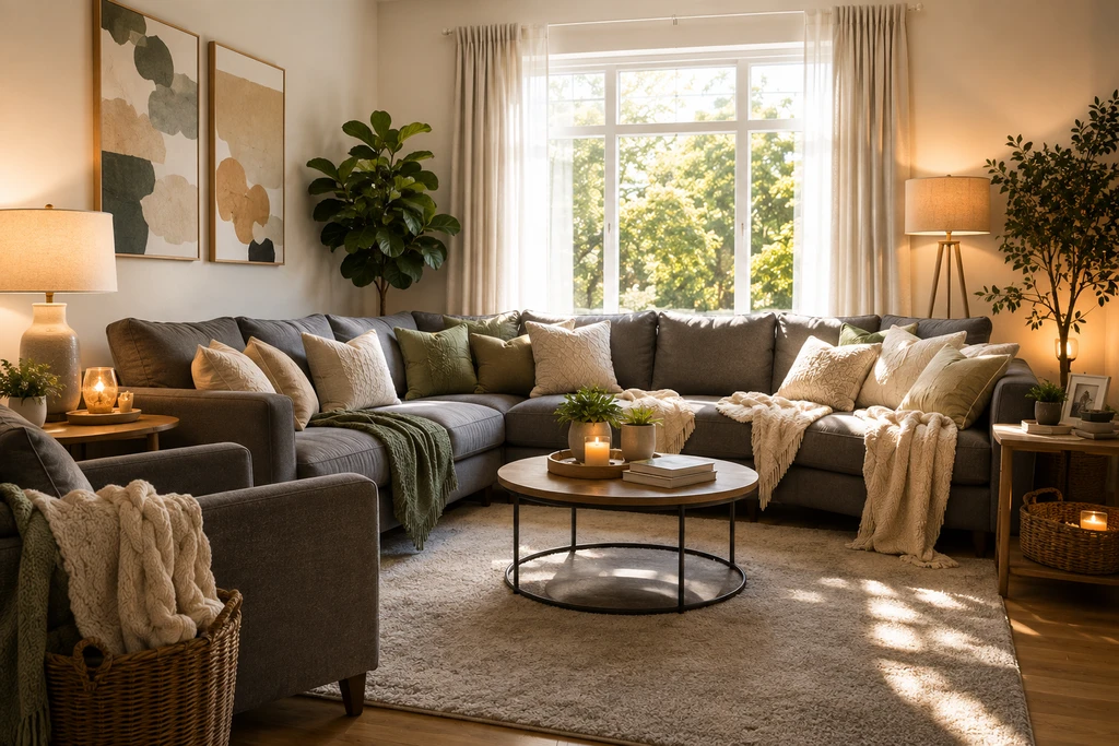 Before-and-after living room showing how to visualize furniture in your room before buying to avoid buying furniture that looks wrong and ensure pieces fit together.