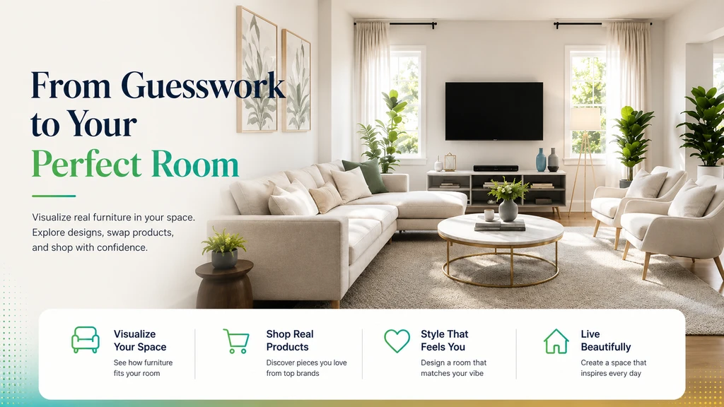 Photorealistic living room shows a sofa with digital overlays of alternate furniture, illustrating visualize furniture in your room before buying and how to check furniture fit online.