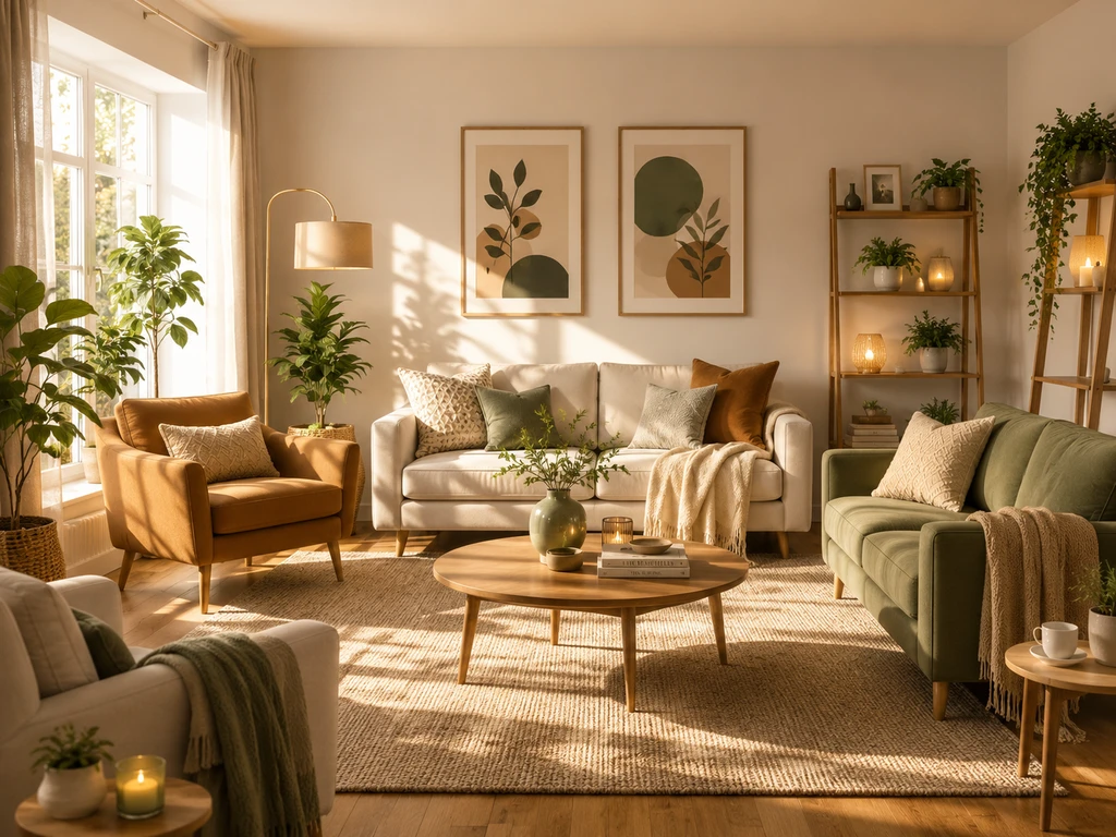 Photorealistic modern living room with an empty spot and several sofas floating above, illustrating how to visualize furniture in your room before buying and check if a sofa fits the space when shopping online.