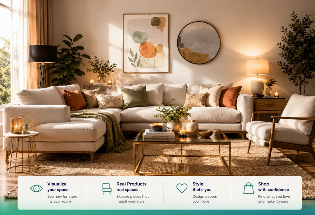 Photorealistic living room with real furniture in a designed space, showing how to visualize furniture in your room before buying and check fit online.