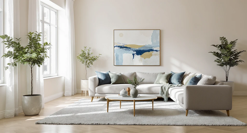 Photo-realistic living room designed using the best AI prompts for interior design, showcasing warm neutrals with muted blue and green accents, demonstrating expert AI-generated interior styles comparison tips for a realistic, balanced space transformation.