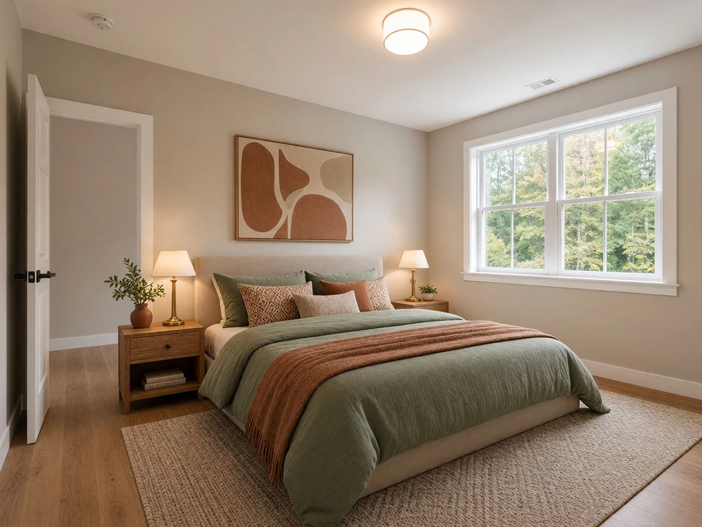 AI-generated modern bedroom design with sage green bedding, warm wood furniture, textured rug, abstract wall art, and cozy lighting.