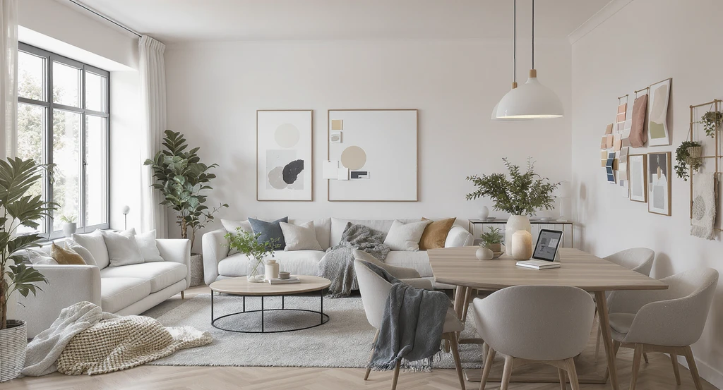 Contemporary open living and dining space designed using the best AI prompts for interior design, showcasing realistic room transformation tips and how to write AI design prompts. Modern AI design accessories and material samples are present, illustrating AI-generated interior styles comparison and creating professional interior AI prompts.