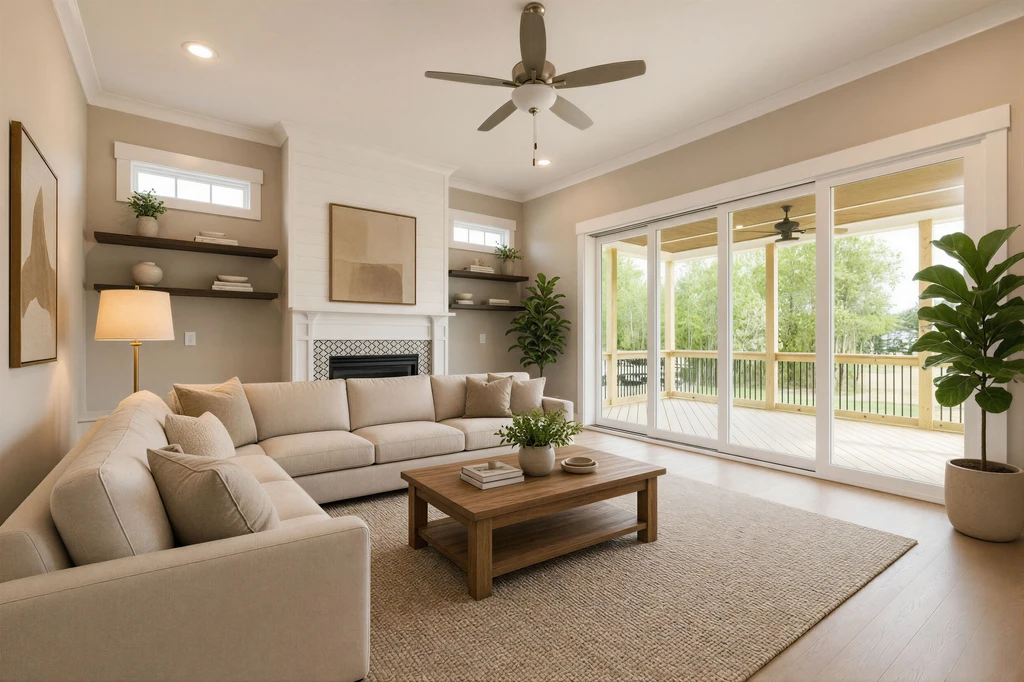 AI-generated modern living room design featuring a neutral sectional sofa, wooden coffee table, fireplace, large glass doors, natural lighting, and minimalist contemporary decor.