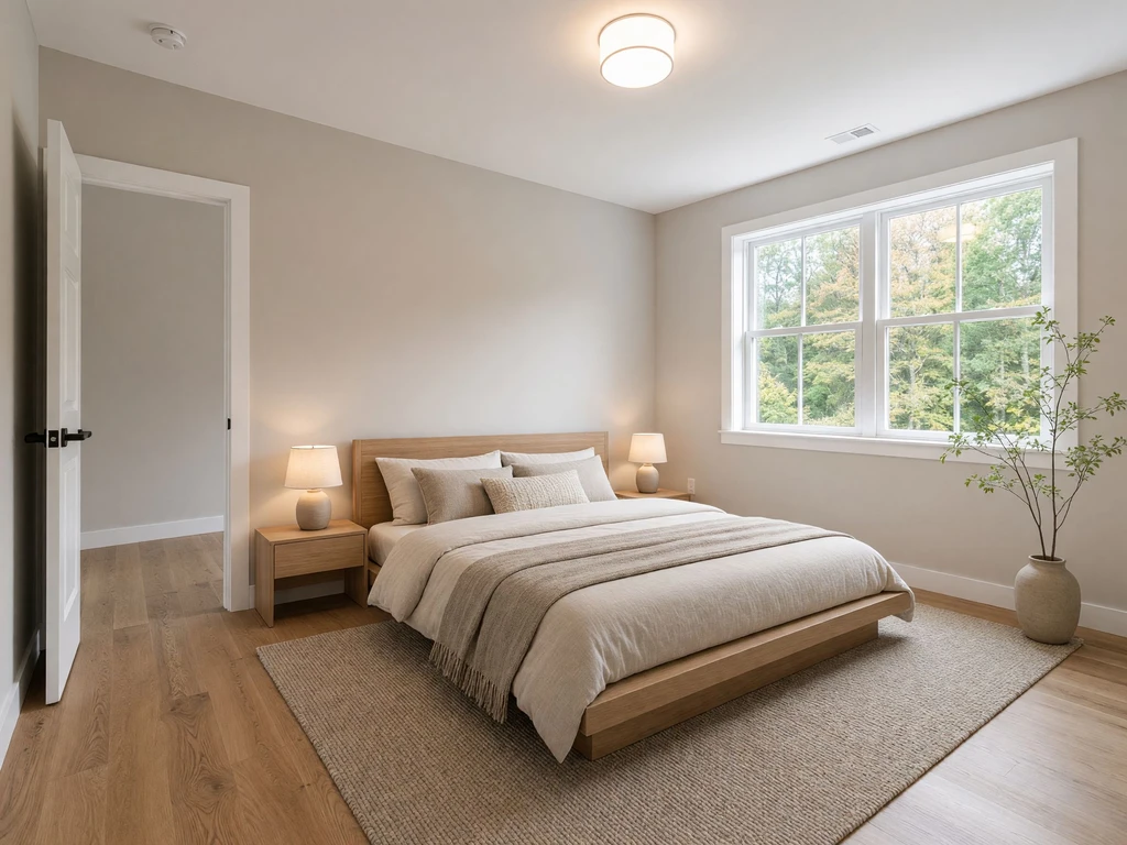 AI-generated Japandi bedroom design featuring light wood furniture, low-profile bed, soft textured bedding, natural rug, minimalist decor, indoor greenery, and a calm serene aesthetic.