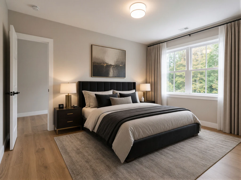 AI-generated modern luxury bedroom design featuring a black upholstered bed, layered bedding, warm lighting, elegant furniture, abstract wall art, and sophisticated contemporary decor.