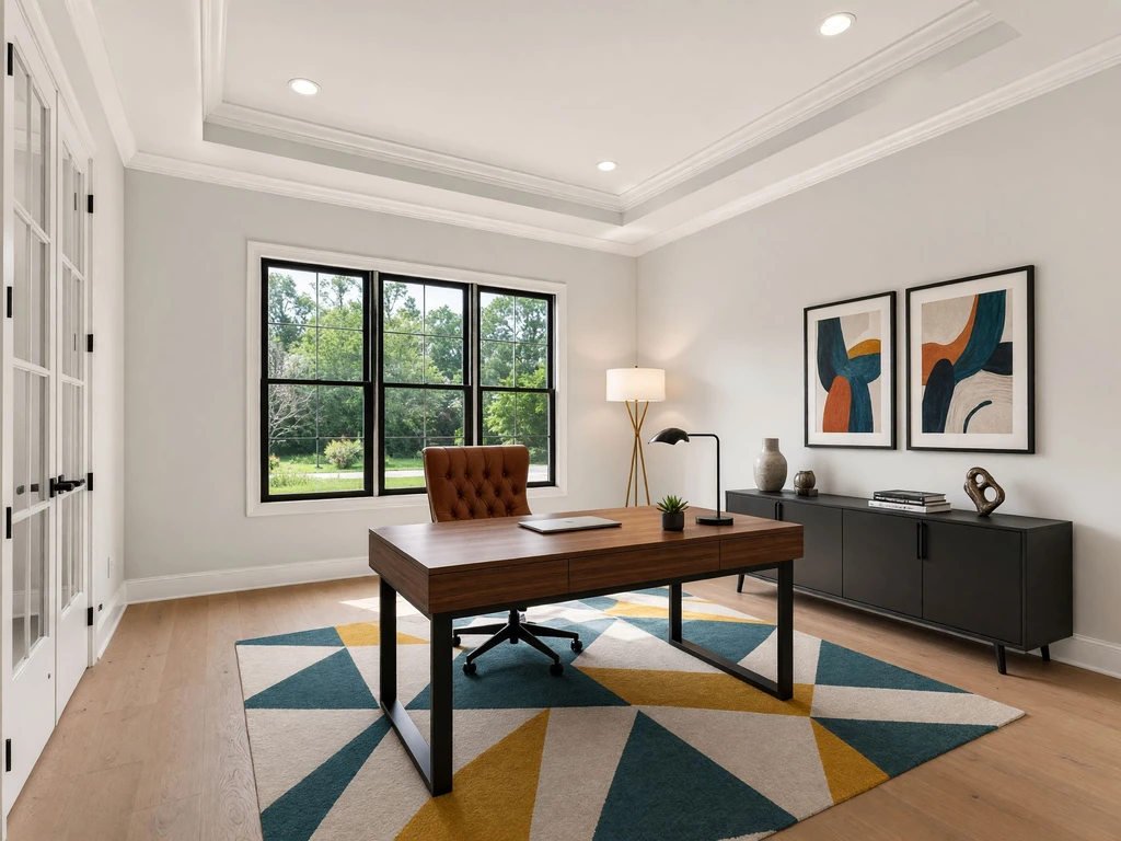 AI-generated modern home office design featuring a wooden executive desk, leather office chair, black storage cabinet, geometric area rug, contemporary artwork, and stylish workspace decor.