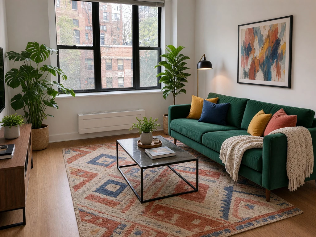 AI-generated small apartment living room featuring a deep green sofa, colorful accent cushions, patterned area rug, modern coffee table, indoor plants, abstract wall art, and contemporary decor.