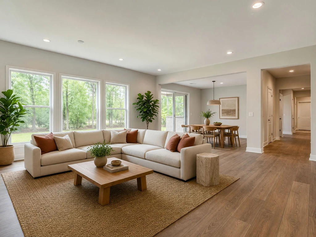 AI-generated natural earthy living room design featuring a large sectional sofa, wooden coffee table, woven rug, indoor plants, organic textures, warm tones, and minimalist nature-inspired decor.