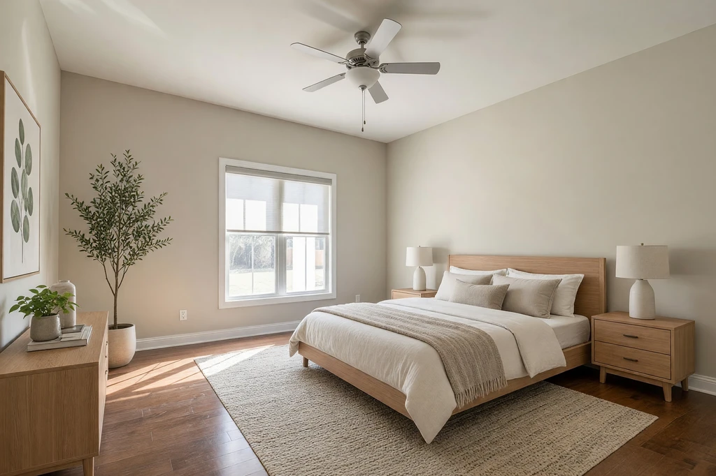 AI-generated cozy Scandinavian bedroom design featuring light wood furniture, soft layered bedding, textured rug, minimalist decor, indoor plants, and natural lighting.