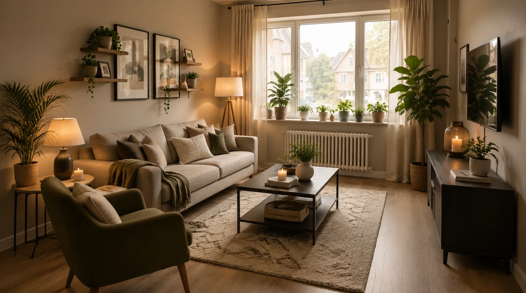 Photorealistic small living room with rearranged furniture, maximizing space and light, perfect for 'how to rearrange a room with ai' and 'small living room design ideas ai'.