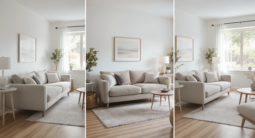 A small living room shown in three layouts with the sofa placed against the wall, floating centrally, and set off the wall, illustrating how to rearrange a room with ai and small living room design ideas ai.