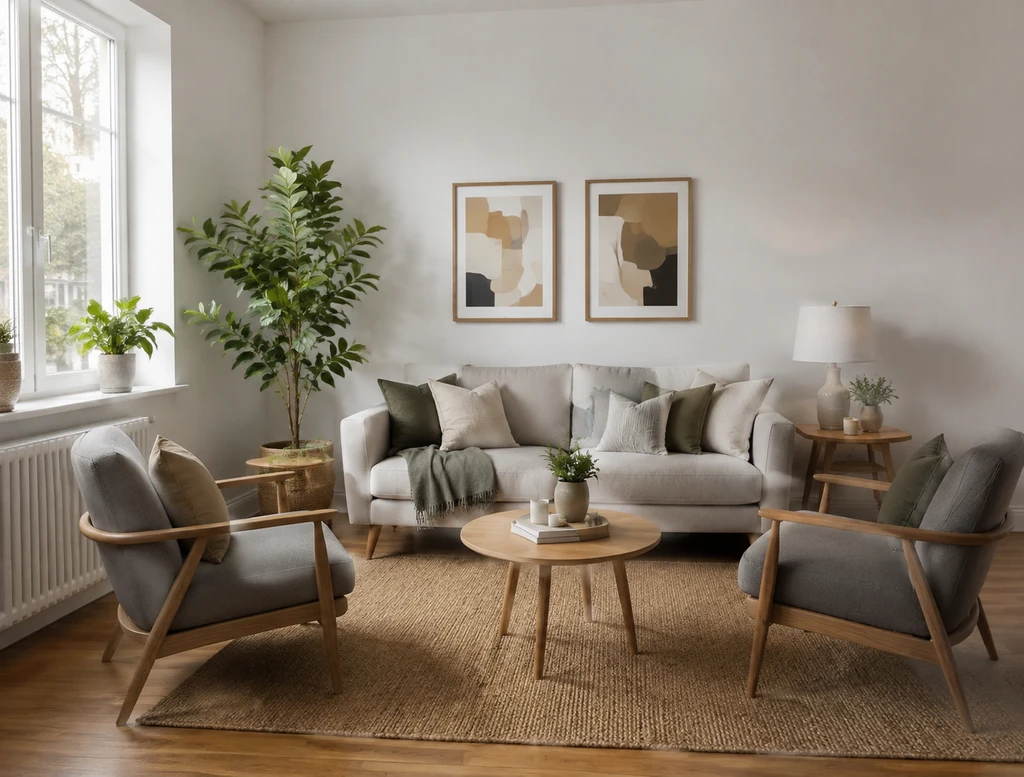 Bright Scandinavian living room with a white sofa, gray armchairs, wooden coffee table, indoor plants, and neutral decor arranged in a cozy minimalist style with natural light.  Caption: