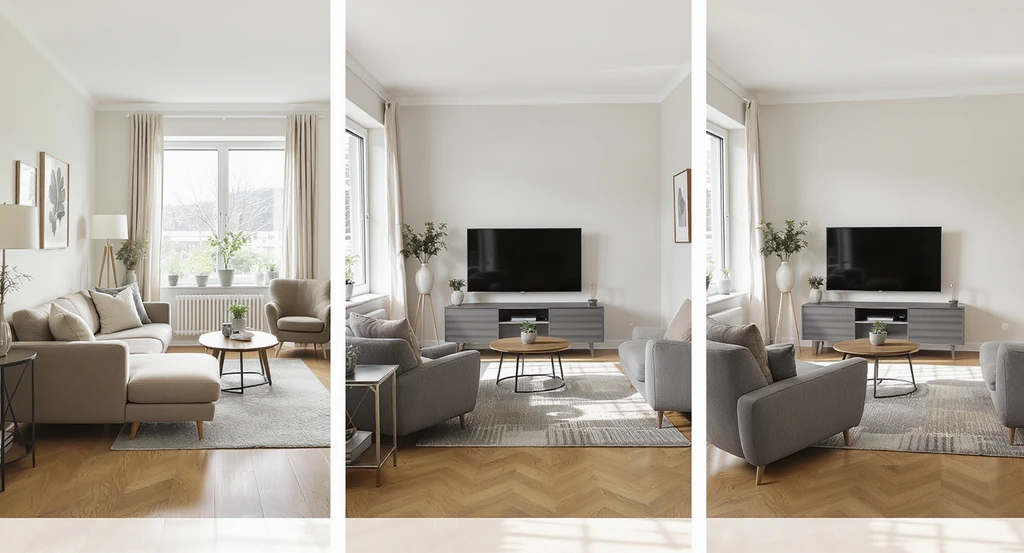 Photorealistic triptych of a small living room in three arrangements: conversation area, TV viewing, and open movement, illustrating how to rearrange a room with ai and use rearrange my room ai apps for small living room design ideas.