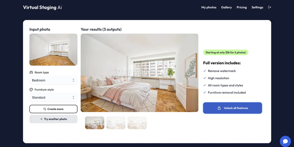 Virtual Staging AI interface showing an empty bedroom transformed into a staged bedroom with multiple AI-generated design options.
