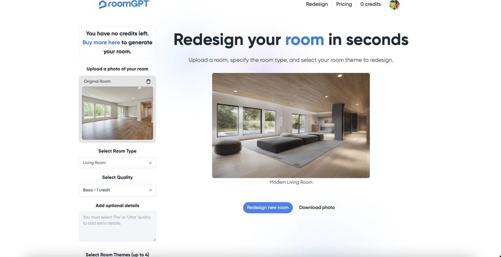 RoomGPT interface showing an uploaded room image transformed into a modern living room design using AI redesign.