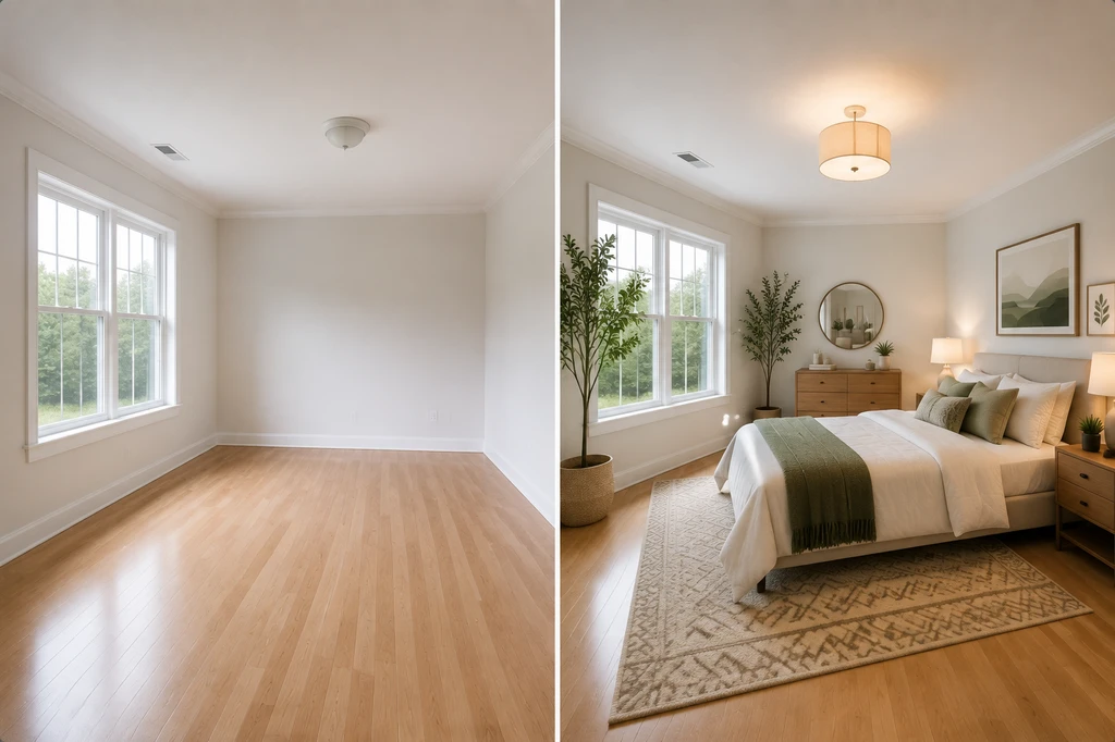 Before and after comparison showing an empty room transformed into a fully furnished modern bedroom using AI virtual staging.