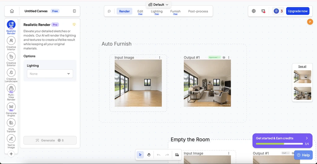Spacely AI interface showing an empty room transformed into a furnished living room using AI rendering tools.
