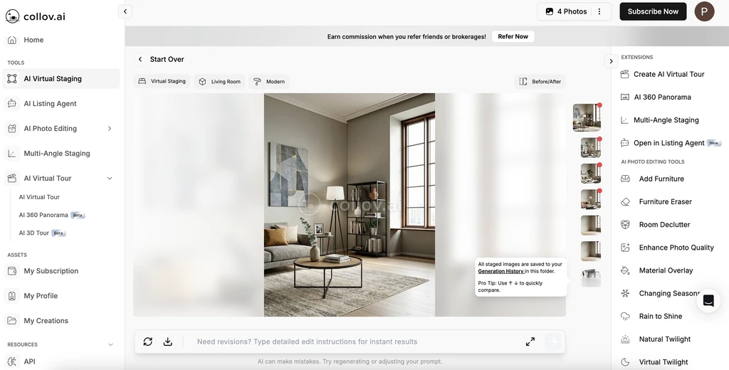 Collov AI virtual staging interface showing an AI-generated modern living room design with real estate editing tools.