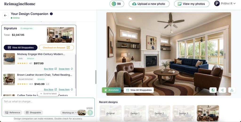 ReimagineHome AI interface showing an AI-designed living room with shoppable furniture products and retail checkout options.