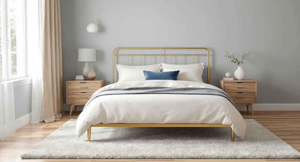 Design a room with real furniture using AI: gold Baneza bed, plush off-white bedding, blue pillows, shag rug, beige linen curtains. Shop the look interior design AI solutions for how to visualize furniture in a room before buying on any budget.