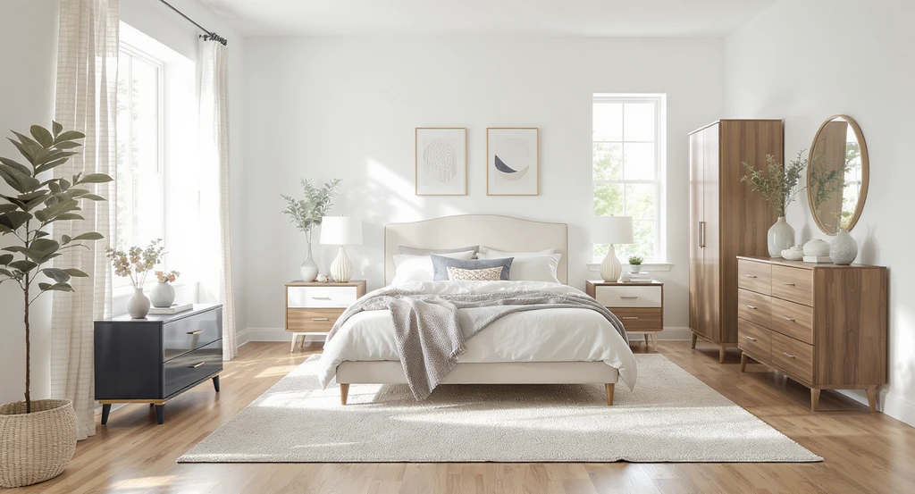 Photorealistic bedroom staged with real furniture, rugs, and decor, showing how to visualize and buy furniture from a photo using interior design AI.