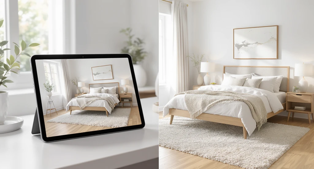 A tablet displaying a real-time bedroom design shows how to visualize and buy real furniture for your room using AI. The actual bedroom features shoppable products—queen bed, rug, and decor—ideally staged to match the digital preview for interior design on a budget.