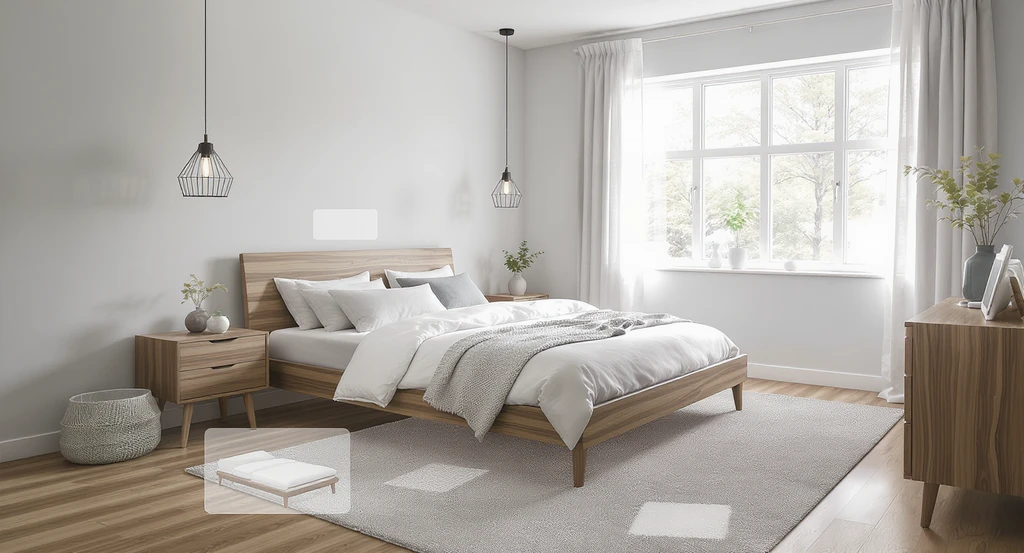 Photorealistic modern bedroom staged with real shoppable furniture and decor, illustrating how to design a room with real furniture and visualize options before buying using AI.