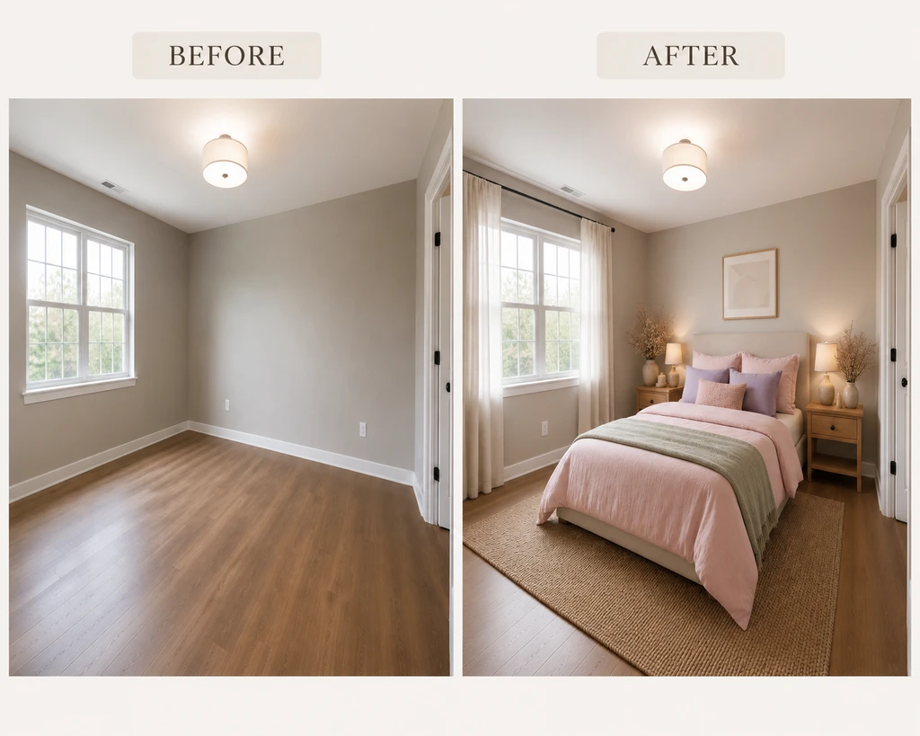 Before and after bedroom transformation showing an empty room redesigned with furniture and decor.