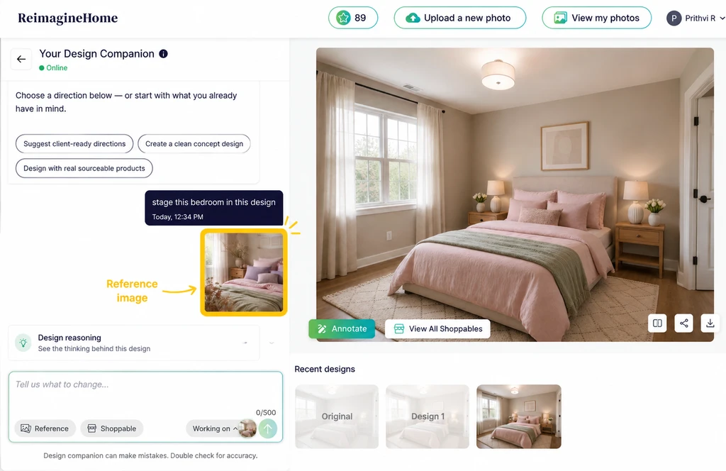 ReimagineHome AI interface showing a bedroom reference image used to guide a new room design.