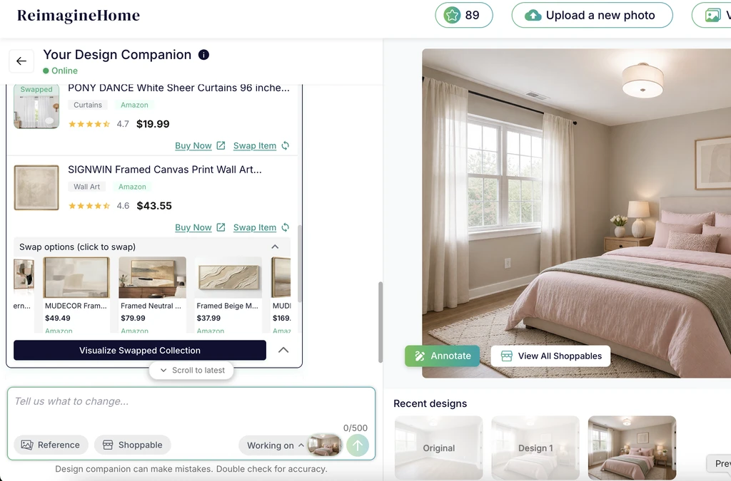 ReimagineHome AI shoppable design view showing real product options and “View All Shoppables” feature.