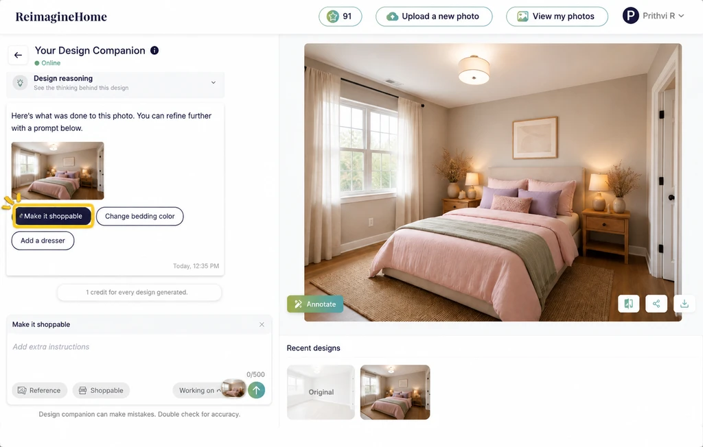 ReimagineHome AI interface showing a bedroom design with the “Make it shoppable” option highlighted, allowing users to turn a generated room design into a purchasable furniture list.