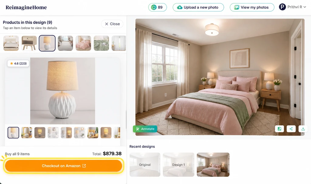 ReimagineHome AI checkout view showing shoppable bedroom products with “Checkout on Amazon” button highlighted.