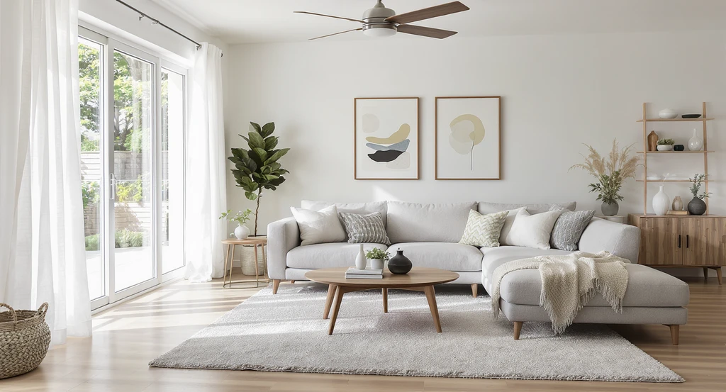 Photorealistic living room design featuring a sectional sofa, coffee table, area rug, ceiling fan, curtains, wall art, and accent decor, visually staged with real furniture. Showcases how to design a room with real furniture, visualize furniture in a room before buying, and shop the look interior design ai with interior design on a budget ai tools. Room is clean, realistic, and modern.