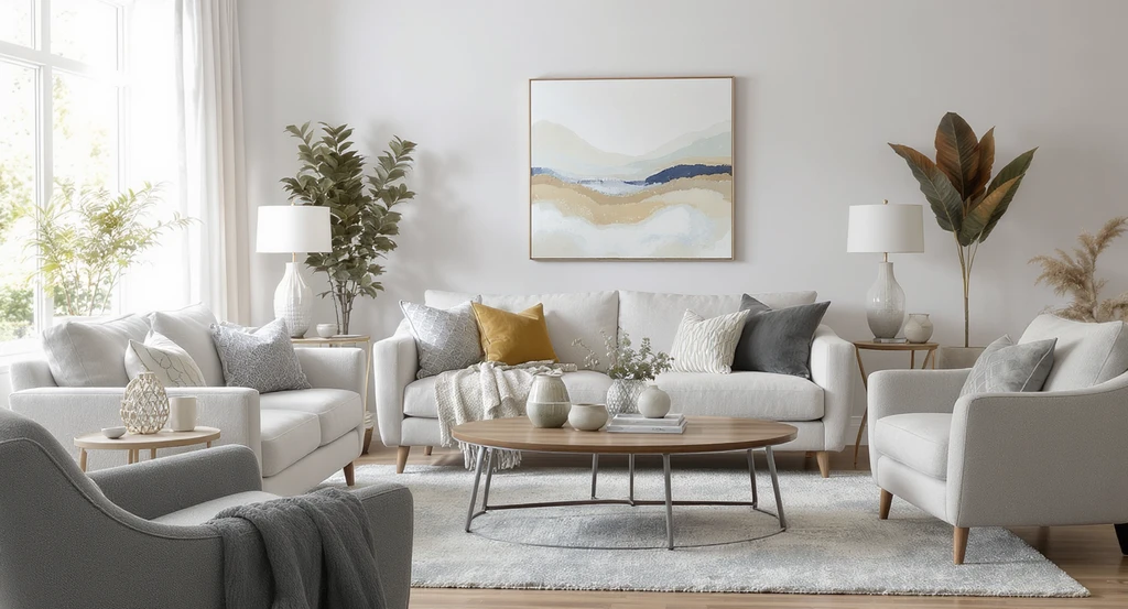 Modern living room designed with real shoppable furniture, showing how to visualize furniture in a room before buying, ideal for interior design on a budget ai and shop the look interior design ai.