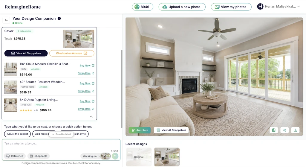 ReimagineHome AI living room design with shoppable Amazon furniture, item prices, swap options, and checkout.