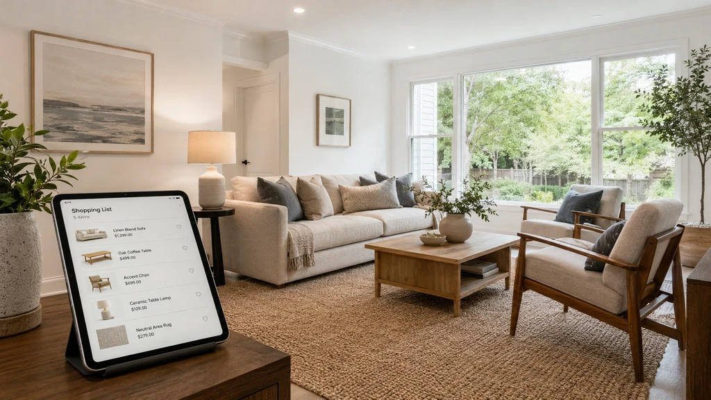 Ultra-realistic modern living room visualized with real, shoppable furniture and decor, demonstrating how to design a room with real furniture, visualize furniture in a room before buying, and buy furniture from a photo using interior design on a budget AI tools.