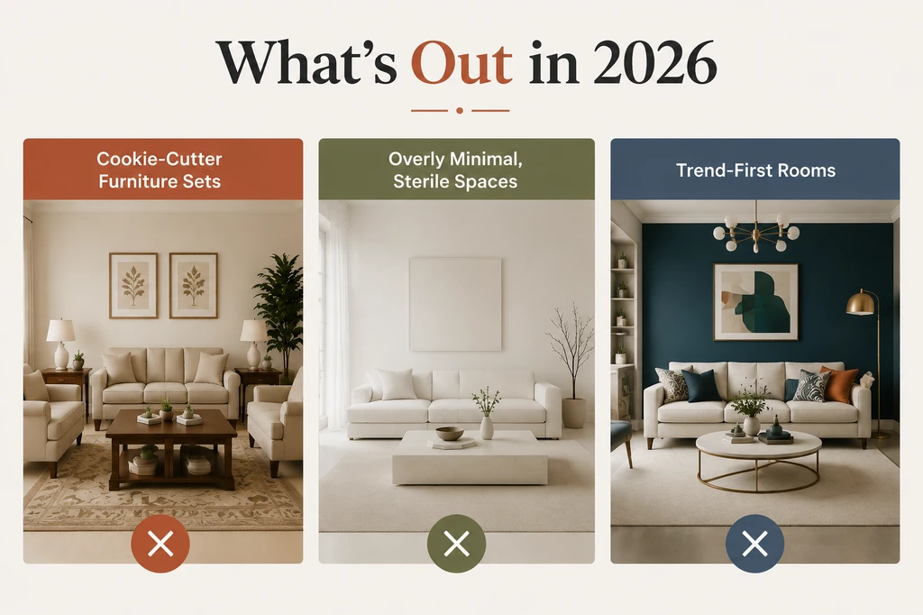 Interior design trends 2026 showing outdated styles to avoid, including matching furniture sets, sterile minimalist spaces, and trend-focused rooms.