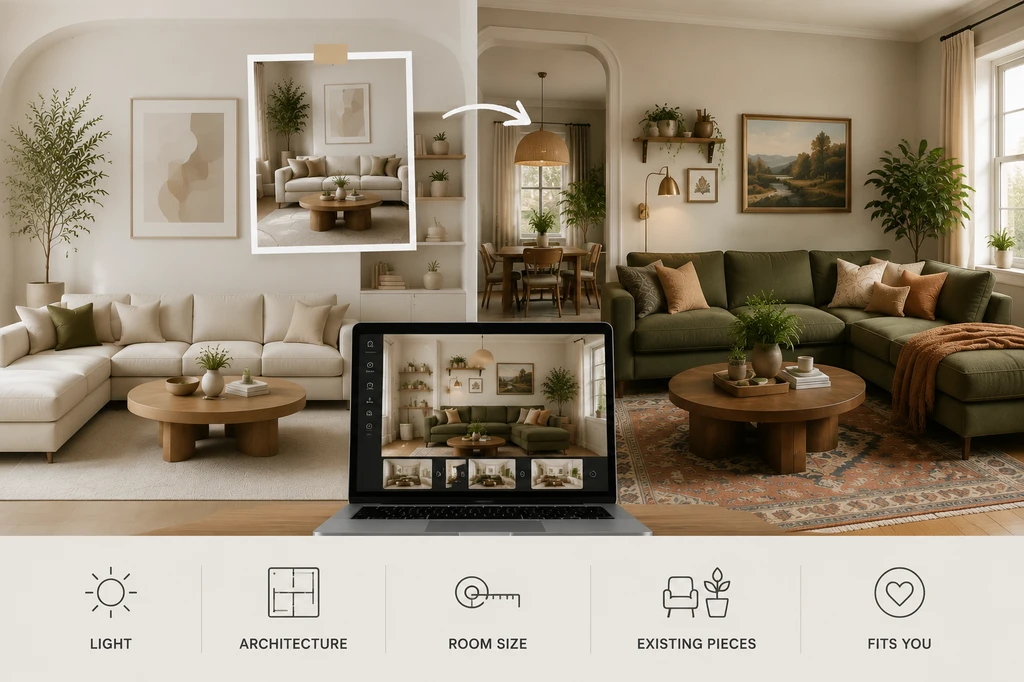 AI interior design concept showing a living room transformation from inspiration image to personalized home design.