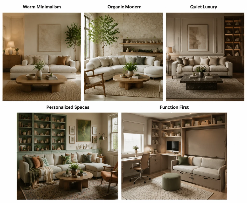 Interior design trends 2026 showcasing warm minimalism, organic modern, quiet luxury, personalized spaces, and function-first interiors.