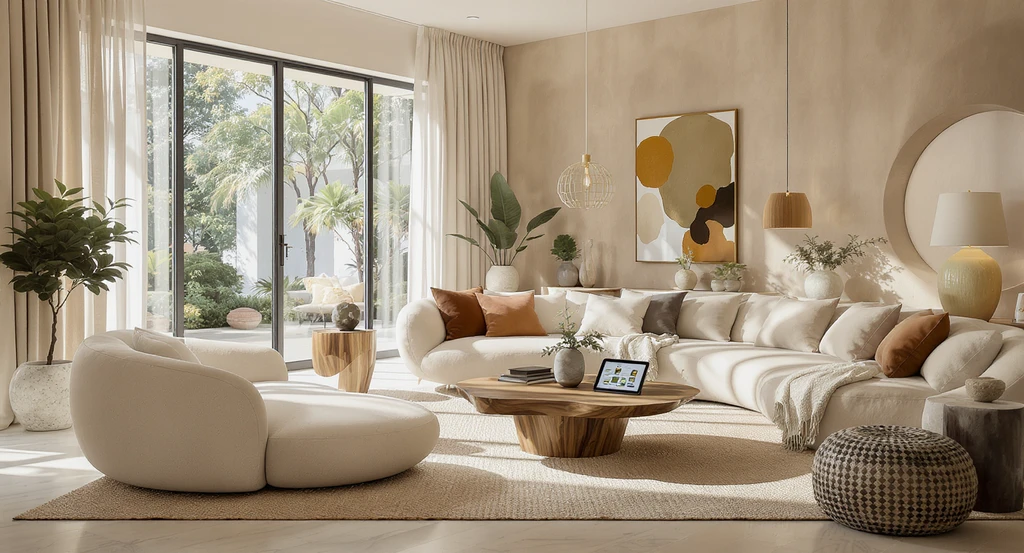 Photorealistic living room showcasing 2026 interior design trends with sustainable and curvilinear furniture, natural textures, and an ai room design app visualizing new layouts, ideal for how to visualize furniture in a room before buying and apply trends at home.